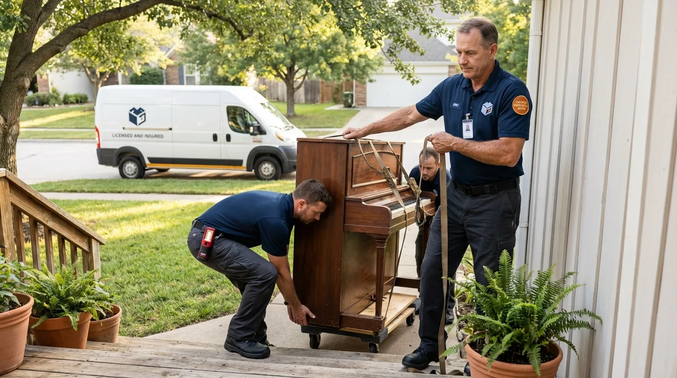 Licensed piano movers securing grand piano in Charlestown, RI