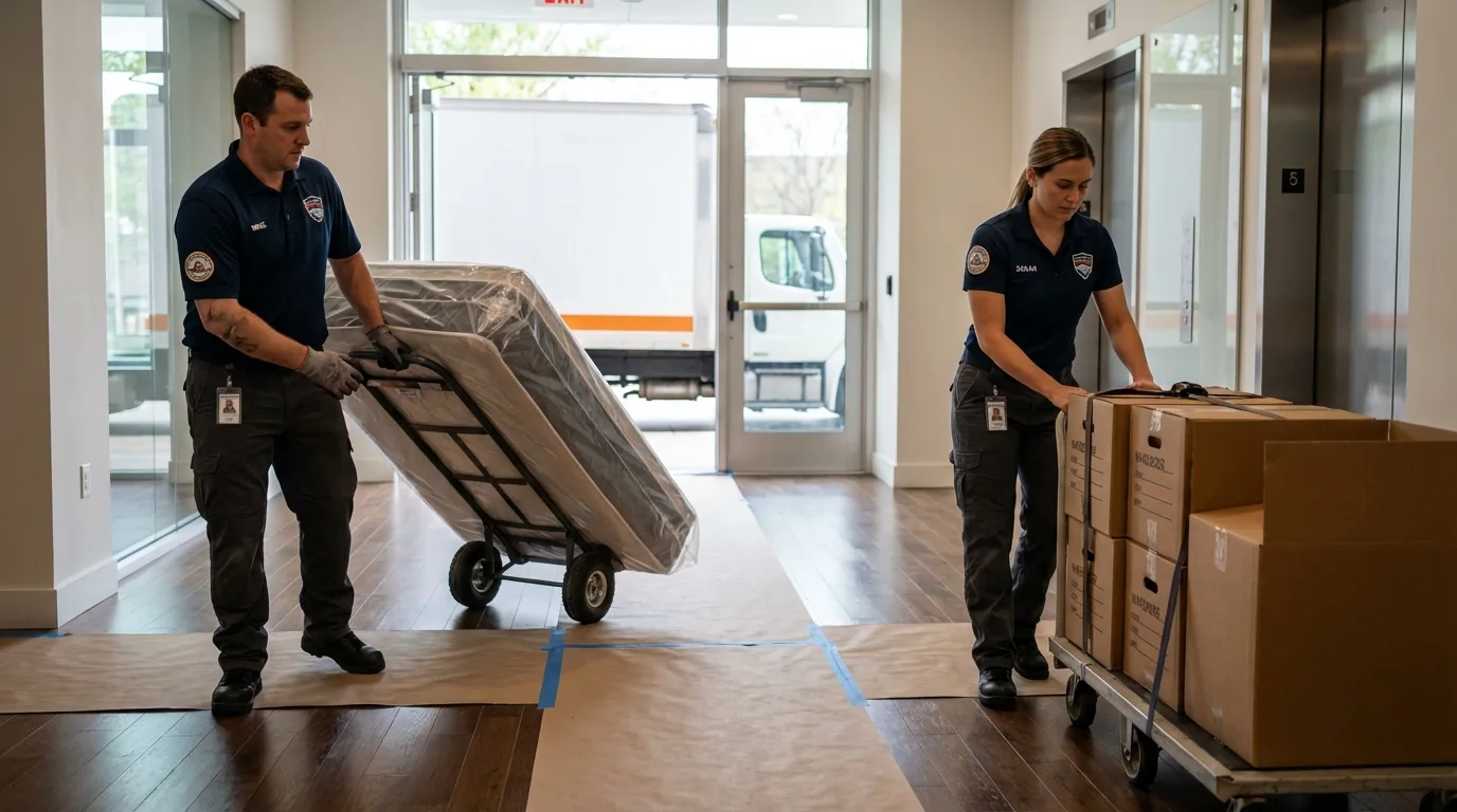 Professional apartment movers loading elevator in Charlestown, RI