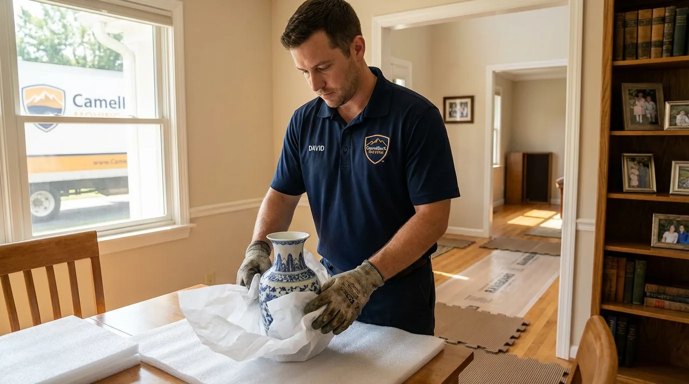 Professional crew carefully wrapping antique vase for senior downsizing move in Charlestown, RI