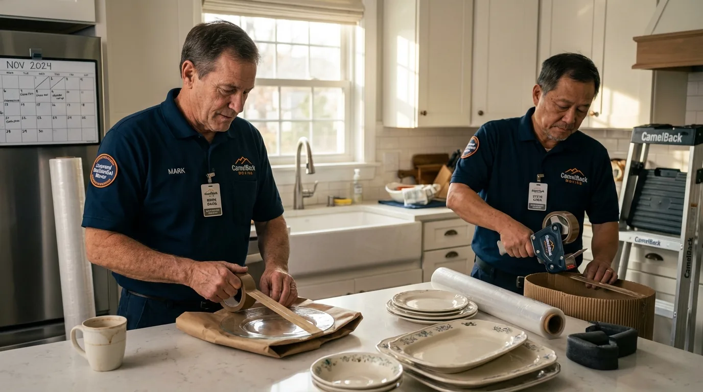 Professional crew packing kitchen dishware in Charlestown, RI