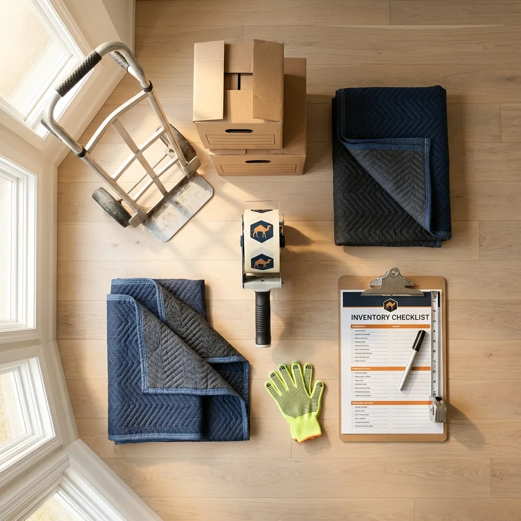 Professional moving supplies and packing materials layout for Charlestown residential relocations